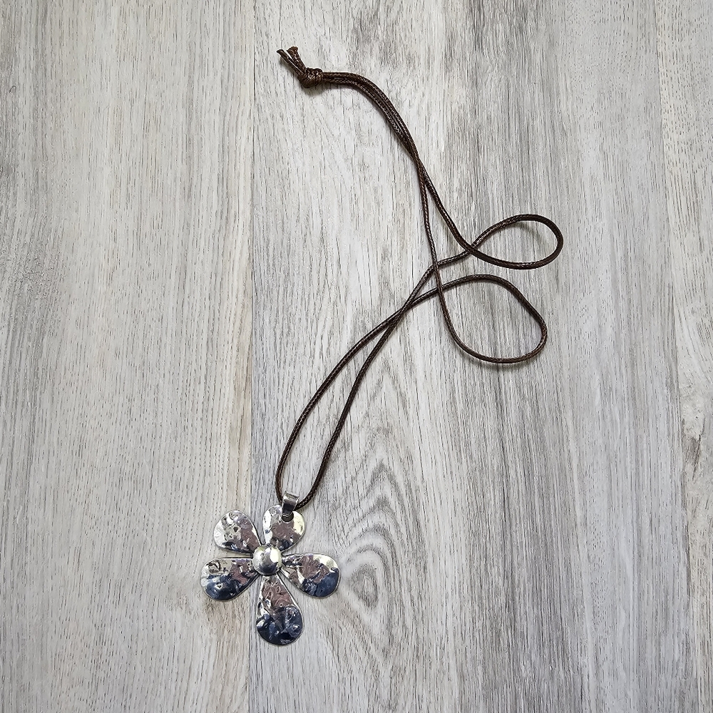 Long Boho Silver Flora Leather Cord Necklace